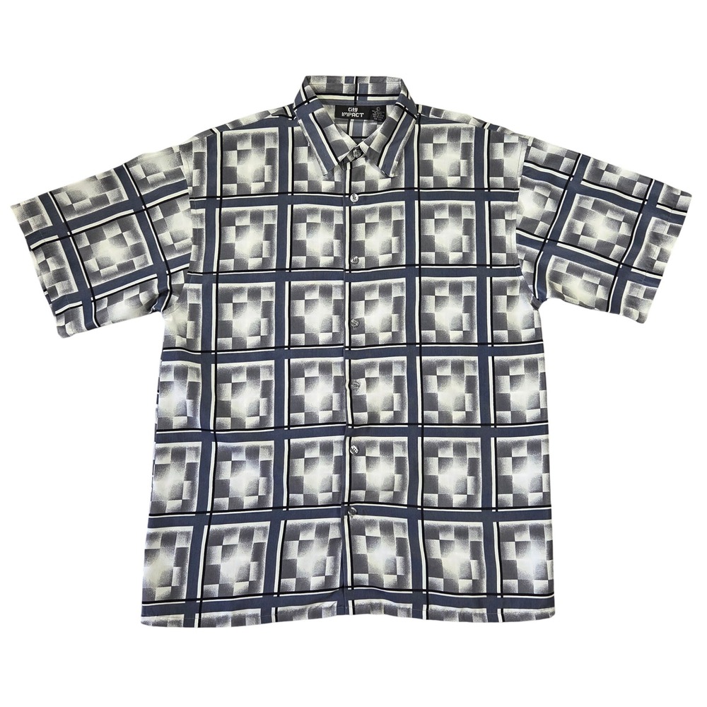 City Impact Mens Large Grey Geometric Grid Short Sleeve Button Front Shirt Y2K